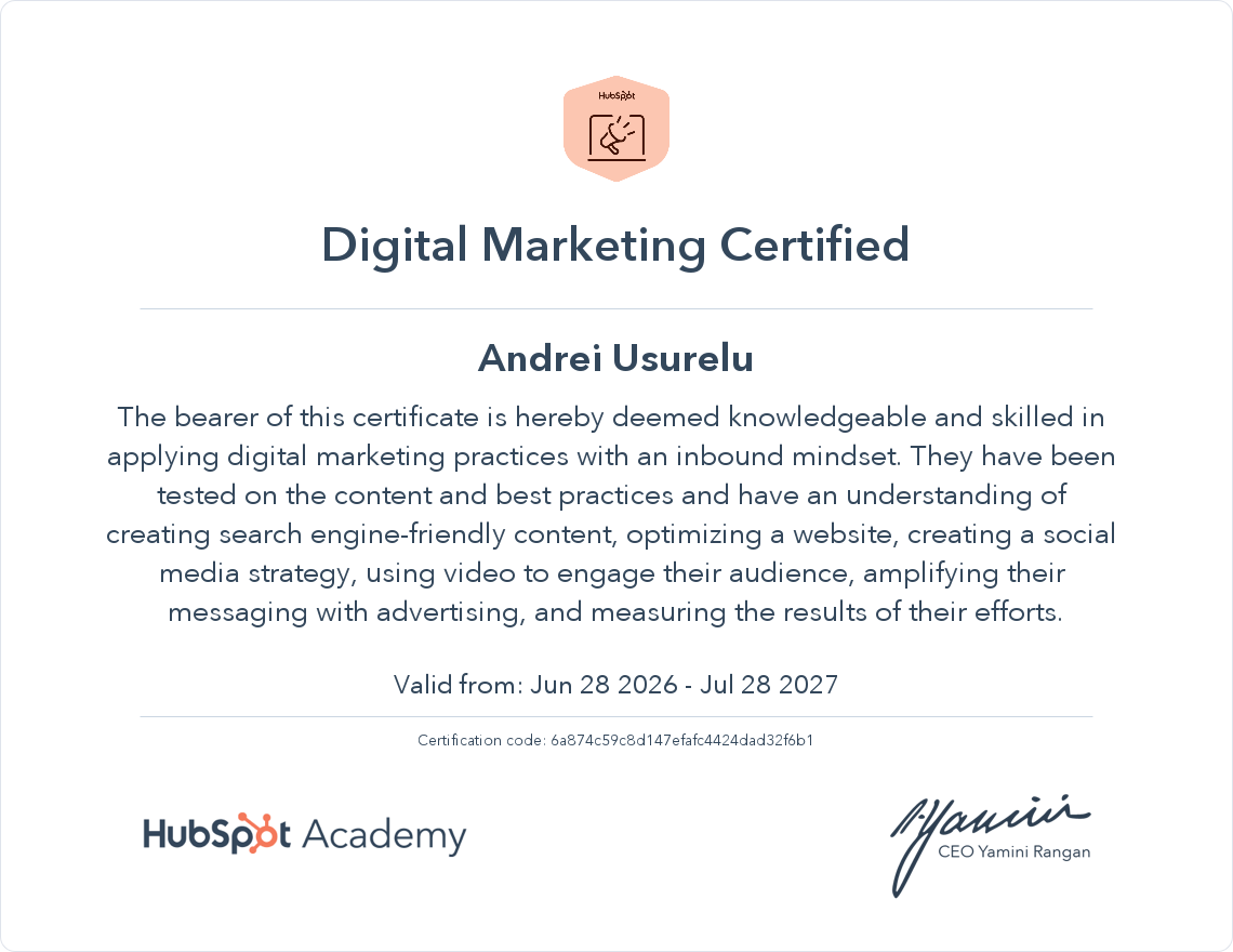Certificat HubSpot Academy — Digital Marketing, obținut de USL Media, agenție de marketing digital din București